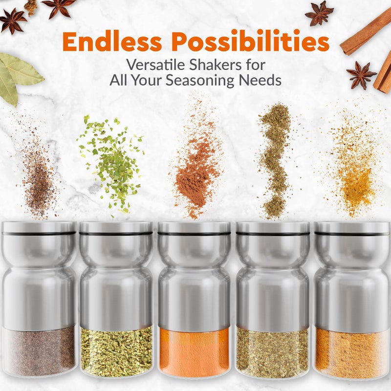 HOME EC Original Salt and Pepper Shakers Set with Adjustable Pour Holes - Glass and Stainless Steel Salt Shaker and Pepper Shaker - Farmhouse Spice dispenser for salts, ground peppercorn and spices - Image 4